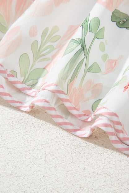 Pink Plus Size Floral Print Striped Detail Short Summer Dress