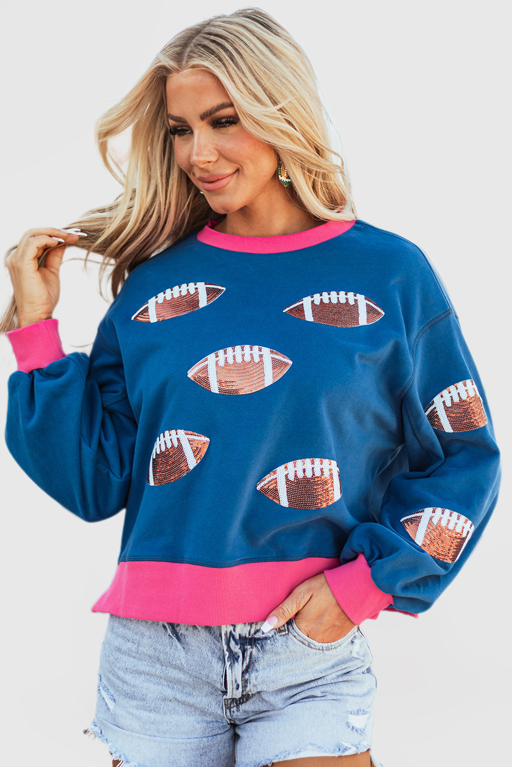 Sequin Color Block Bubble Sleeve Rugby Sweatshirt