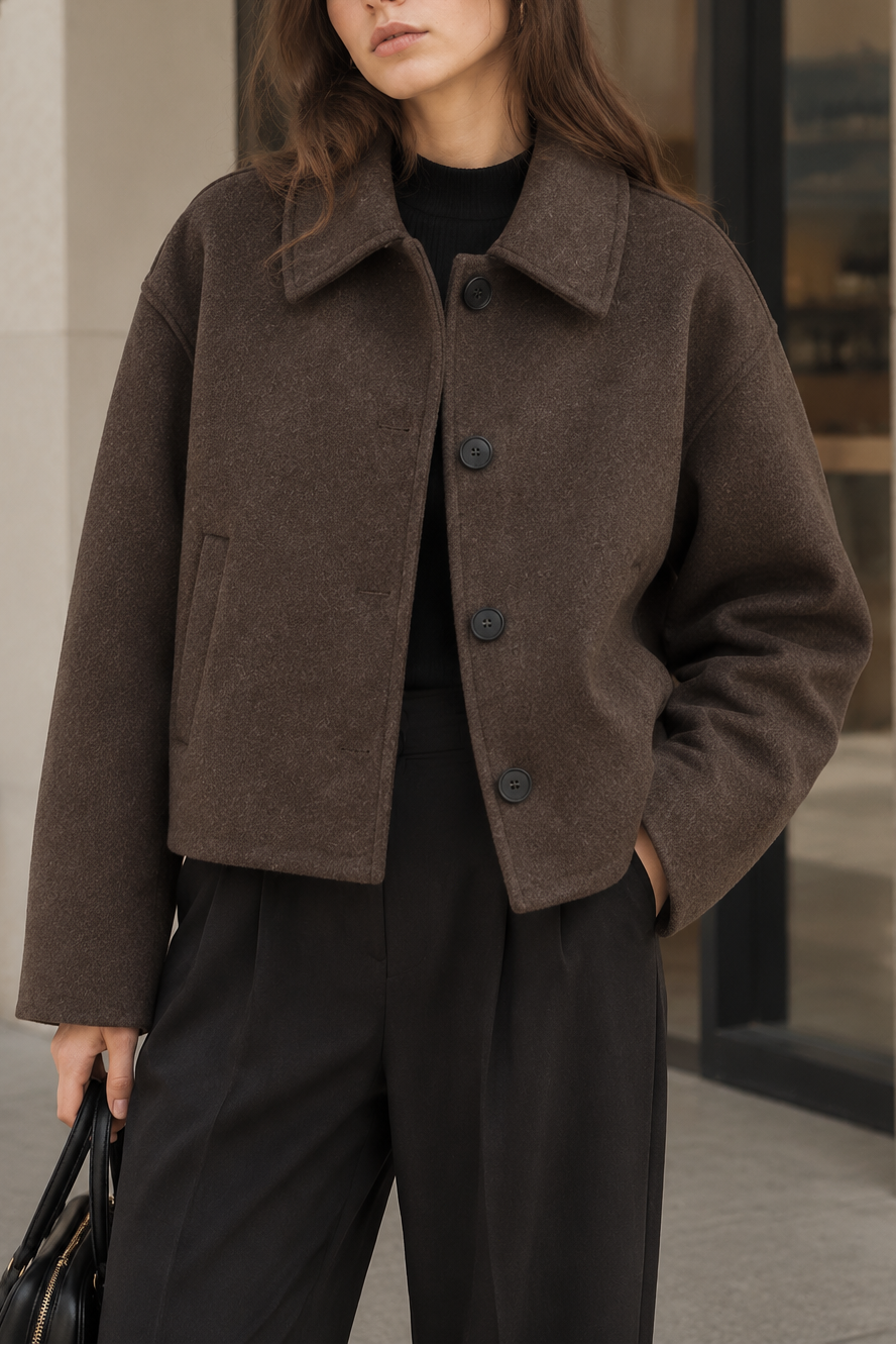 Women's Cropped Jacket Collared Button Front Tweed
