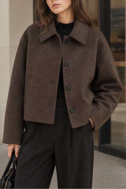 Women's Cropped Jacket Collared Button Front Tweed