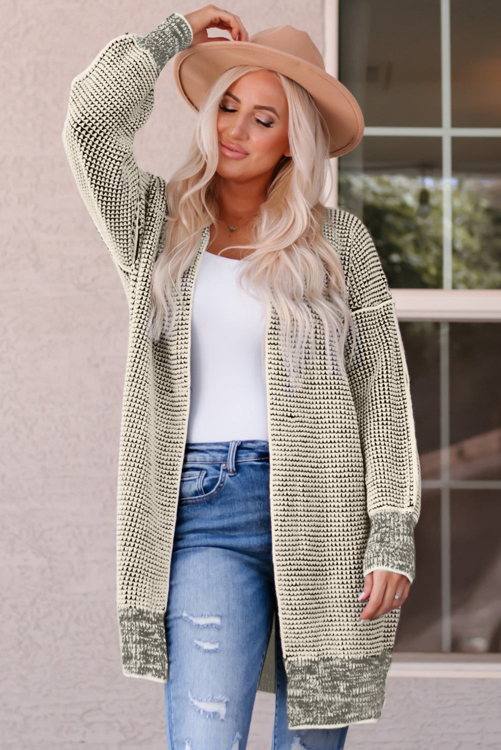 Black Plaid Knitted Long Open Front Cardigan