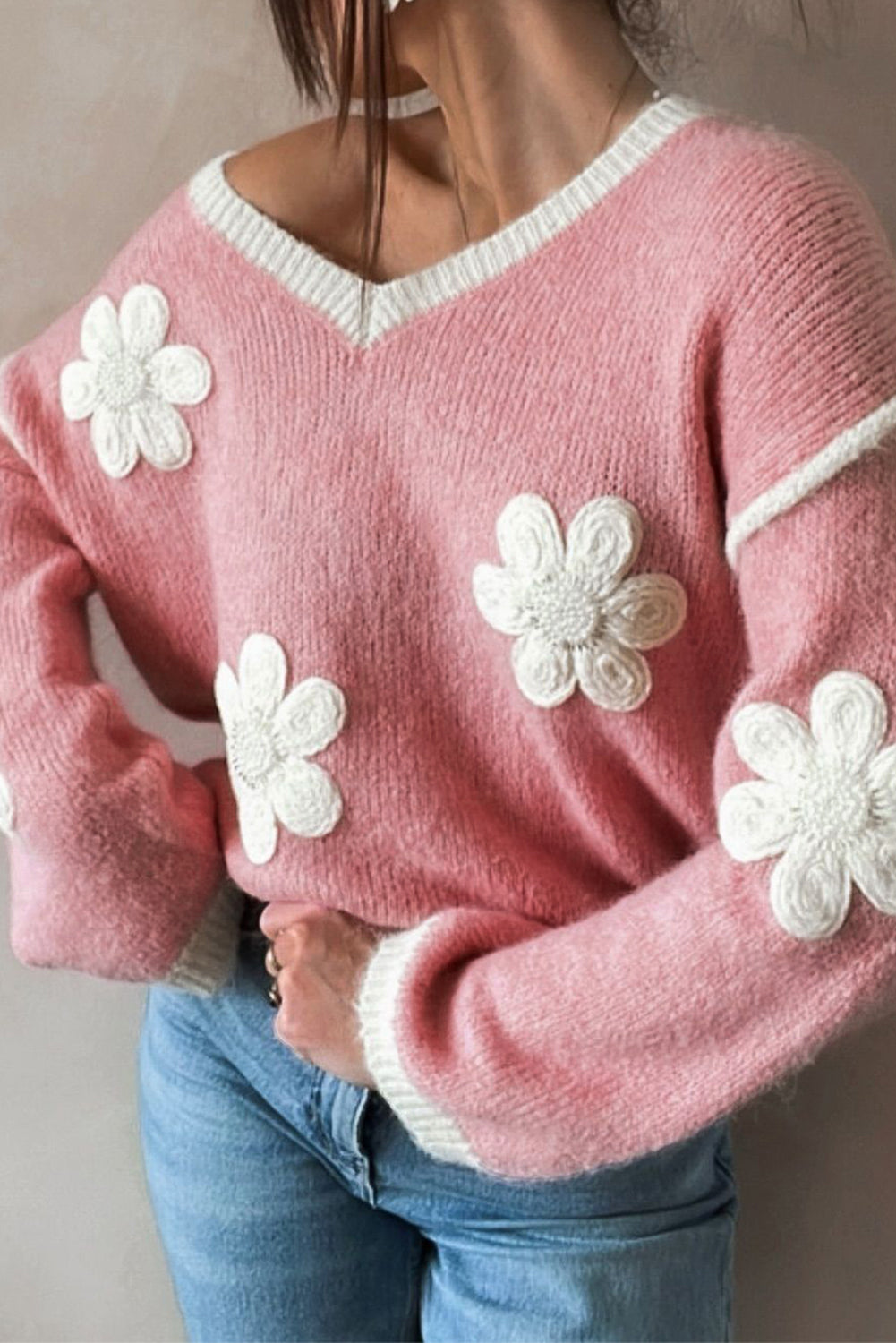 Floral Appliqué V Neck Drop Shoulder Sweater