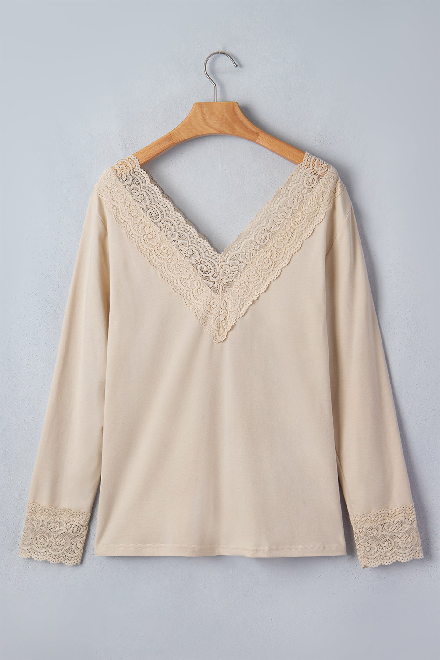 Apricot Lace V Neck Long Sleeve Lace Trim Top Blouse