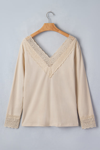 Apricot Lace V Neck Long Sleeve Lace Trim Top Blouse