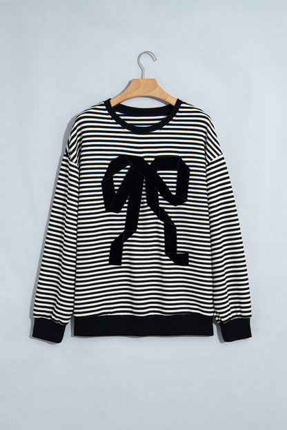 Black Stripe Velvet Bow Pattern Dropped Shoulder Loose Sweatshirt