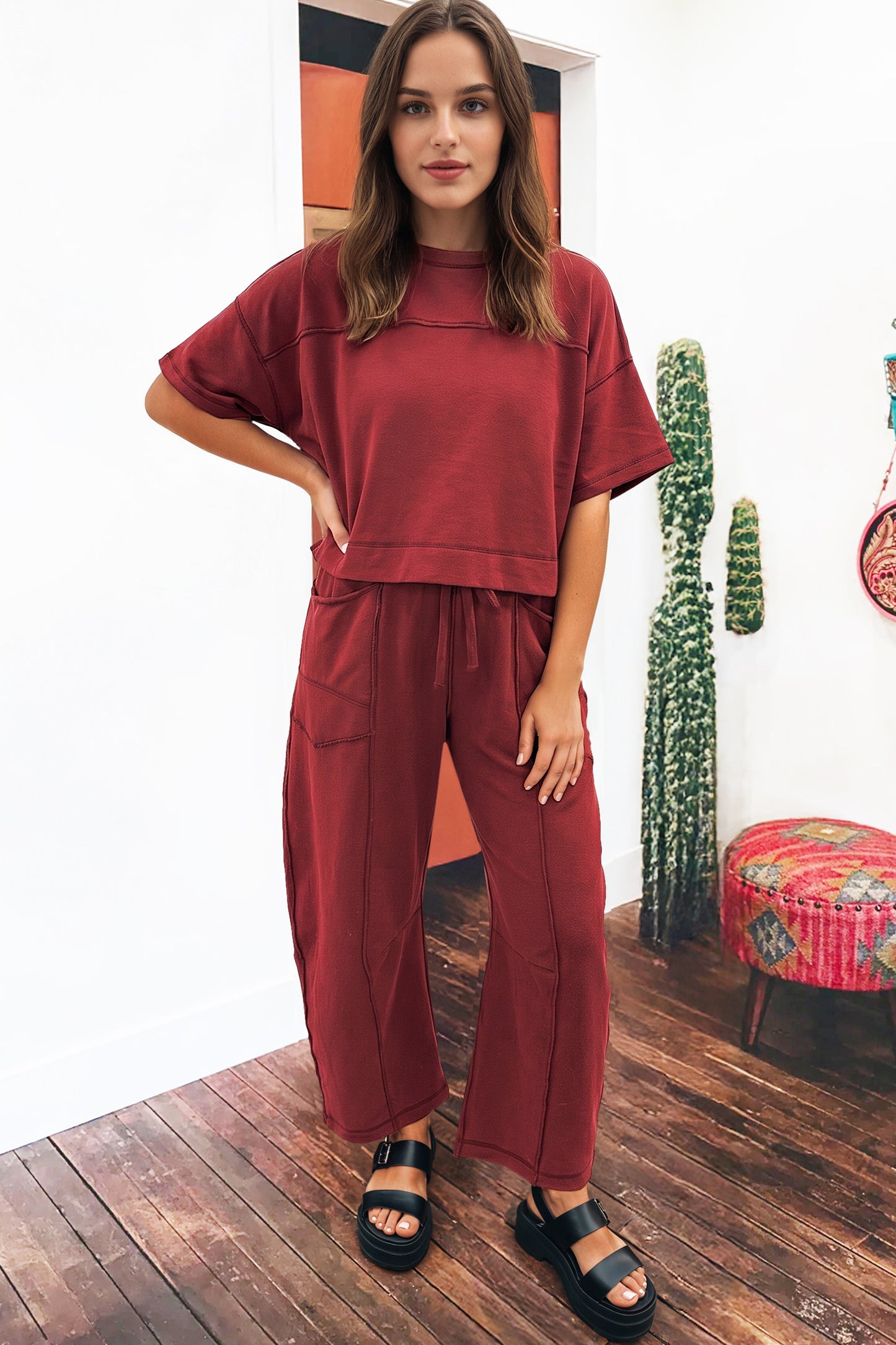 Boxy Tee and Wide Leg Pants Lounge Set Casual Outfit