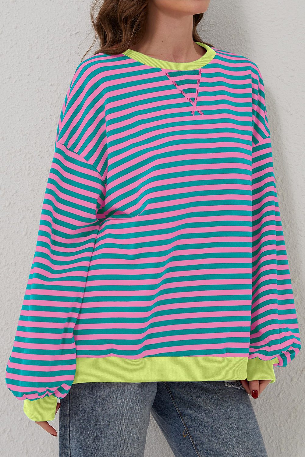 Sky Blue Stripe Oversized Contrast Trim Pullover Sweatshirt