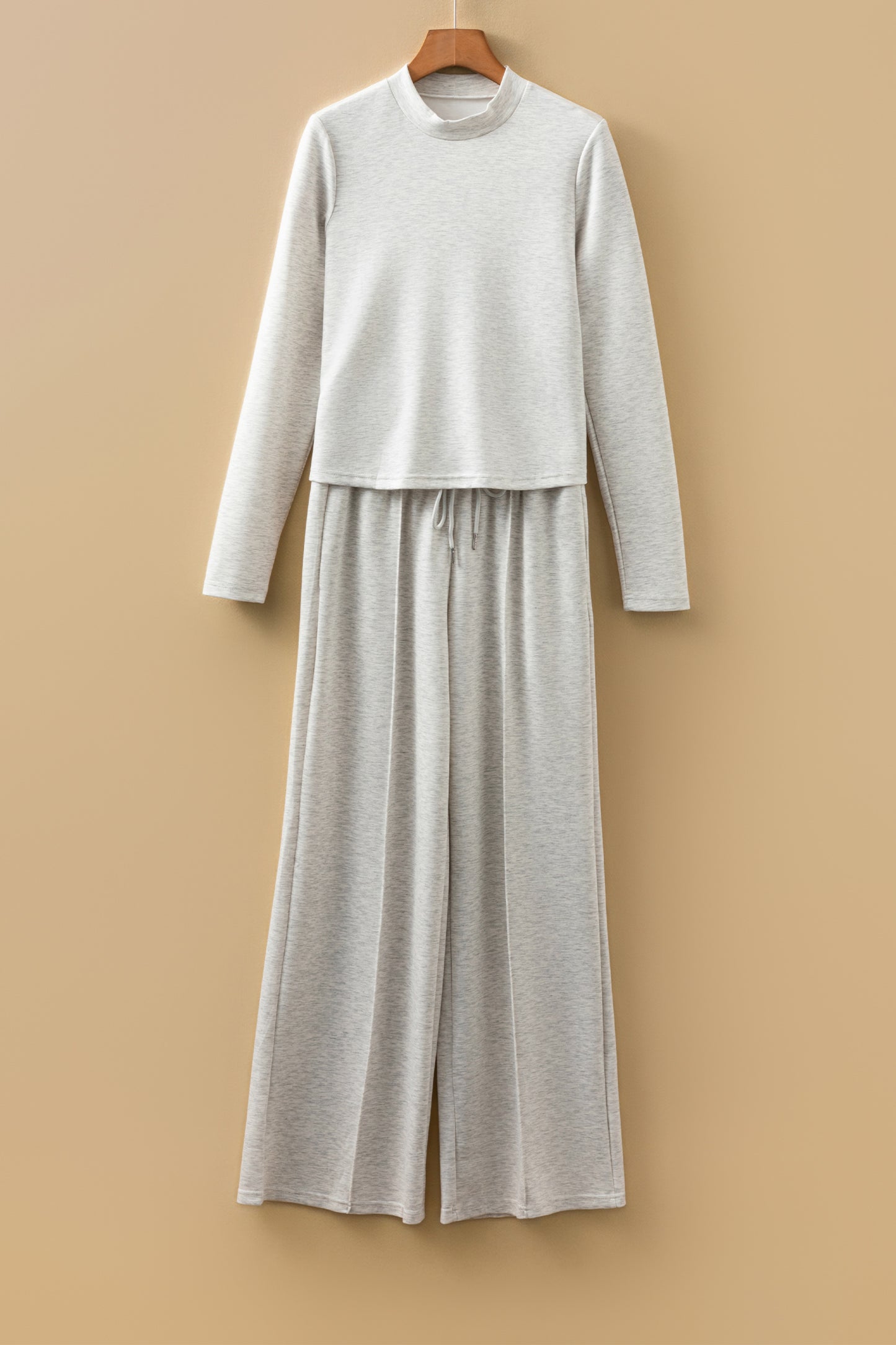 Light Grey High Neck Long Sleeve Top and Wide Leg Lounge Pants Set