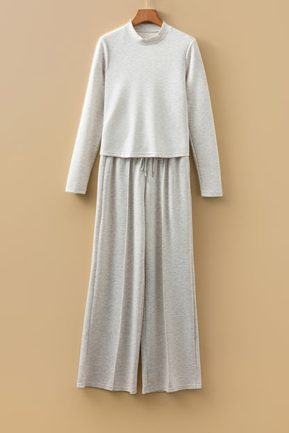 Light Grey High Neck Long Sleeve Top and Wide Leg Lounge Pants Set