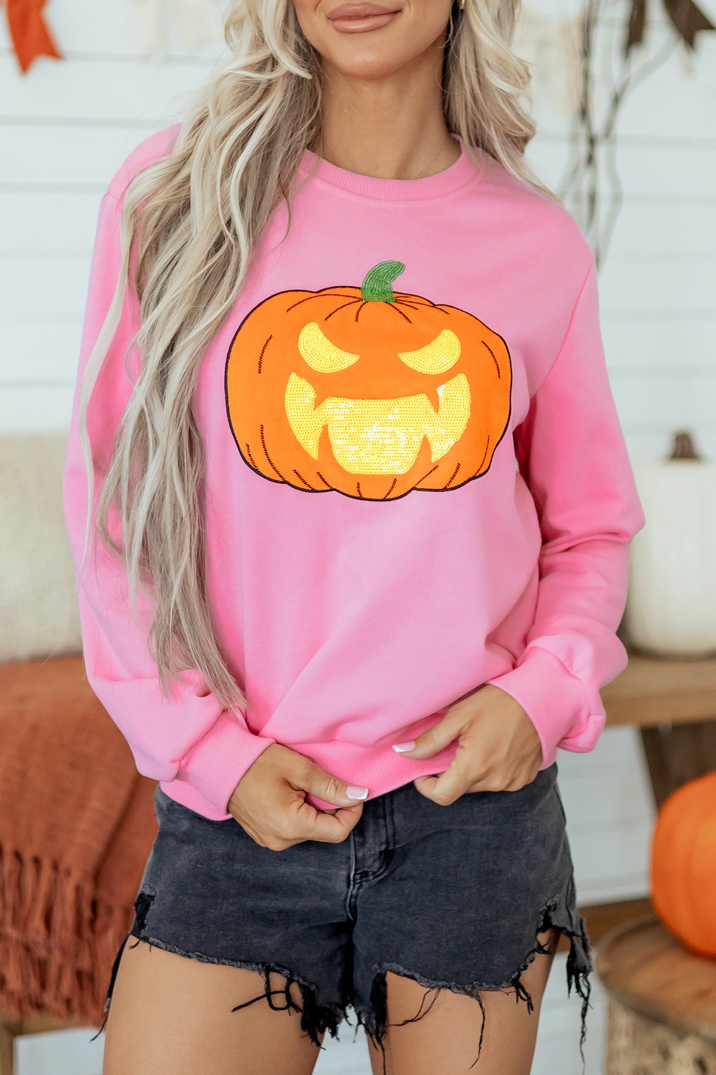 Pink Embroidered Pumpkin Halloween Crewneck Sweatshirt