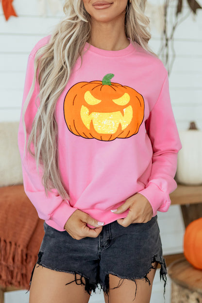 Pink Embroidered Pumpkin Halloween Crewneck Sweatshirt