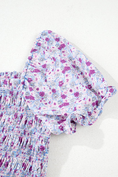 Purple Floral Off Shoulder Smocked Maxi Dress