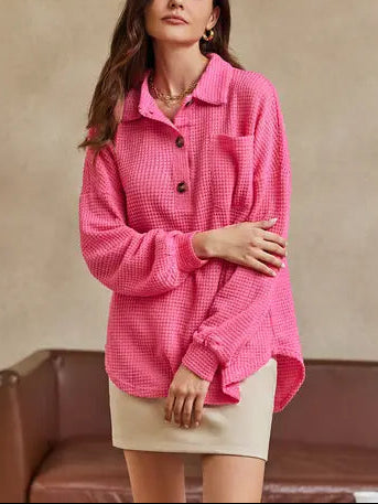 Rose Red Waffle Knit Oversized Henley Long Sleeve Top