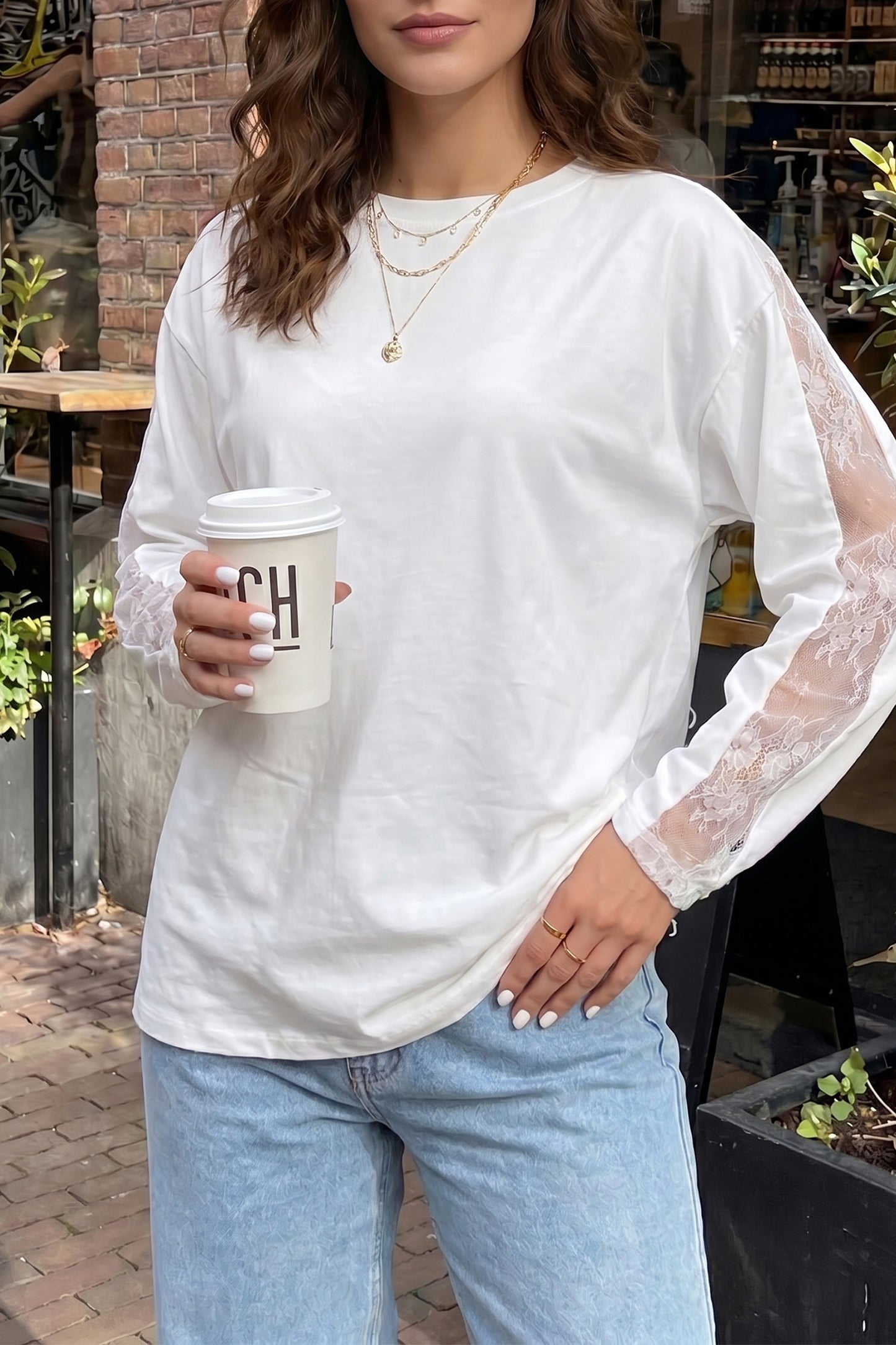 White Lace Sleeve Casual Round Neck Long Sleeve Top Women
