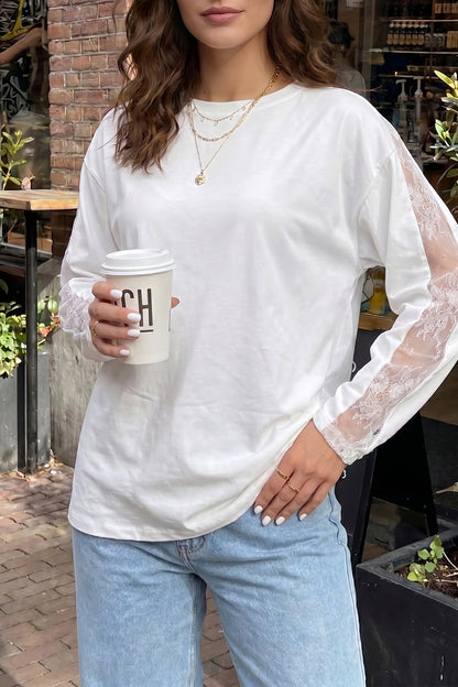 White Lace Sleeve Casual Round Neck Long Sleeve Top Women