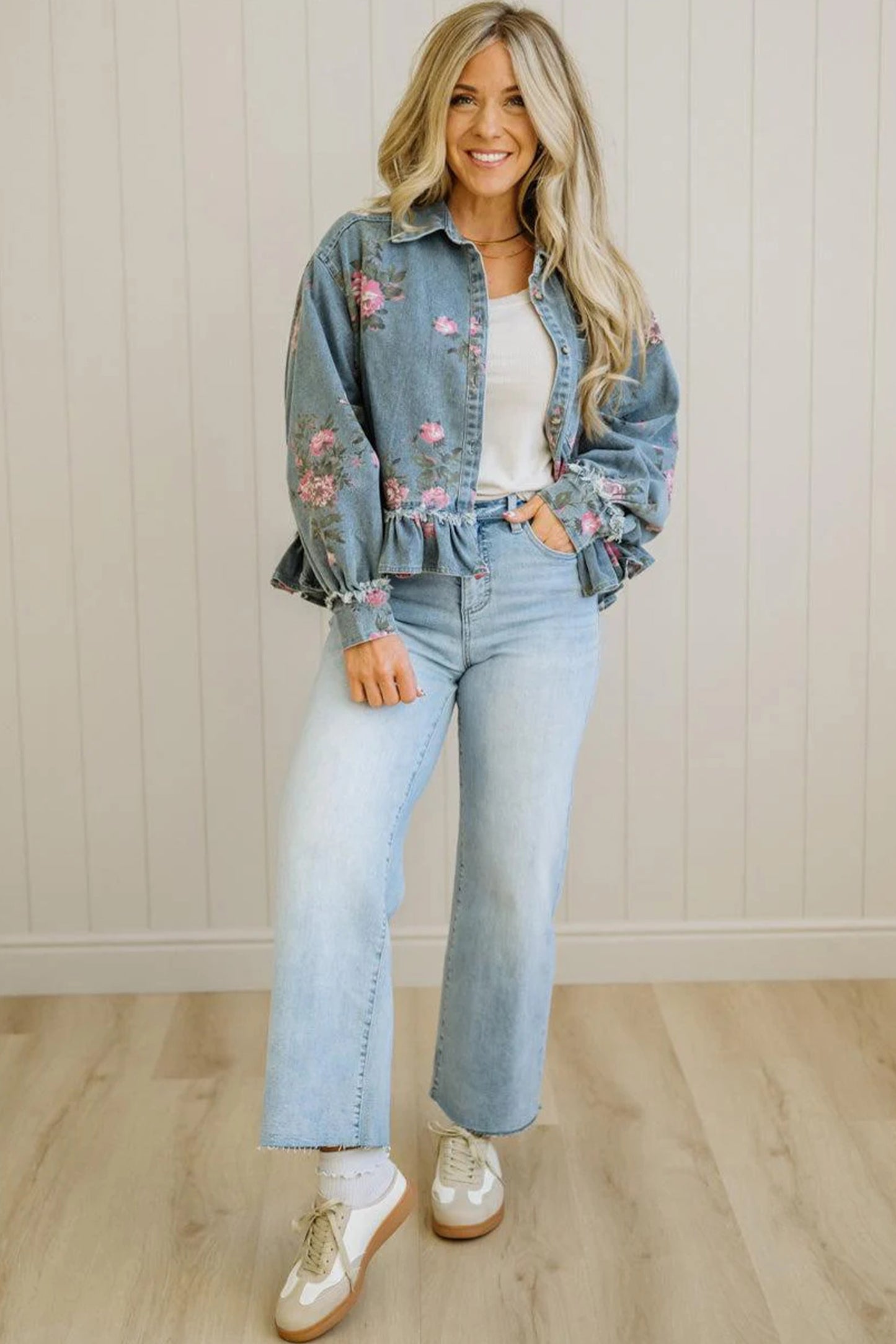 Floral Denim Jacket Ruffle Hem Puff Sleeve Cropped