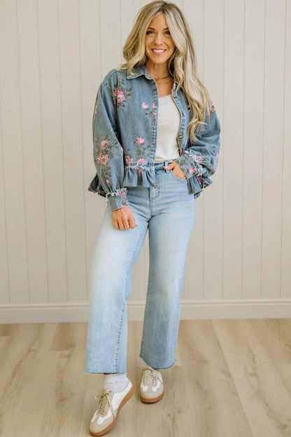 Floral Denim Jacket Ruffle Hem Puff Sleeve Cropped
