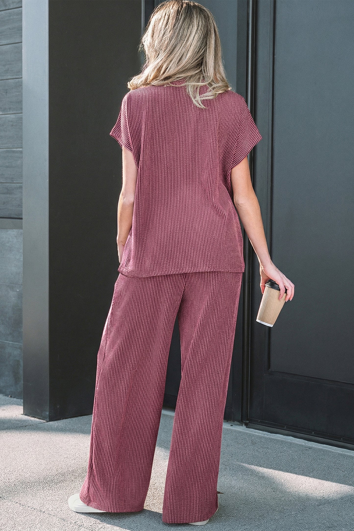 Burgundy Ribbed High Neck Tee Wide Leg Pant Set