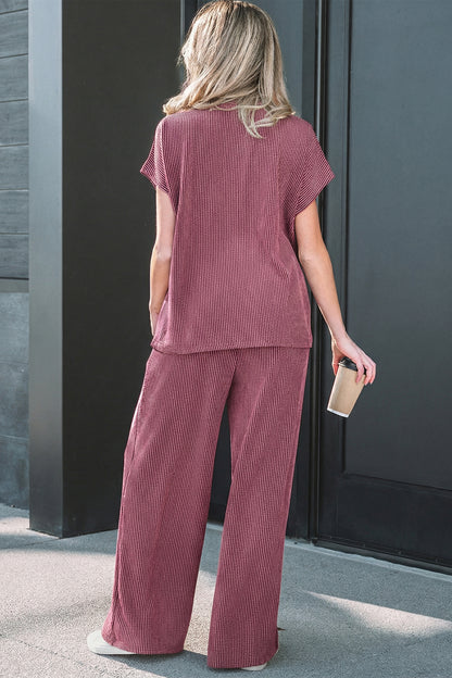 Burgundy Ribbed High Neck Tee Wide Leg Pant Set