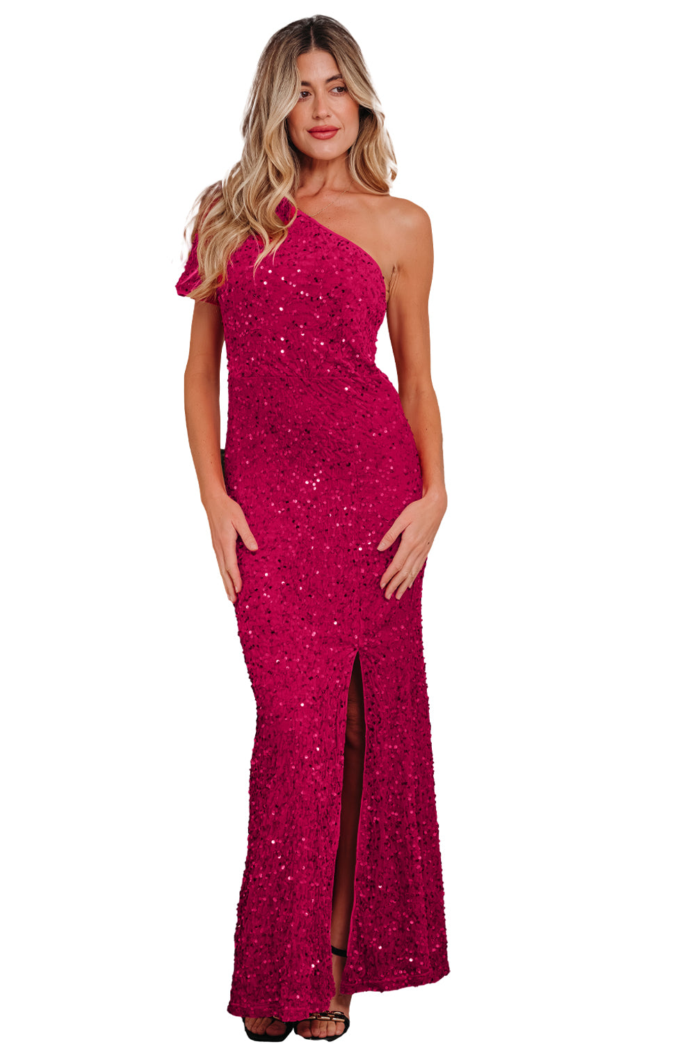 Pitaya Pink One Shoulder Sequin Gown with Slit
