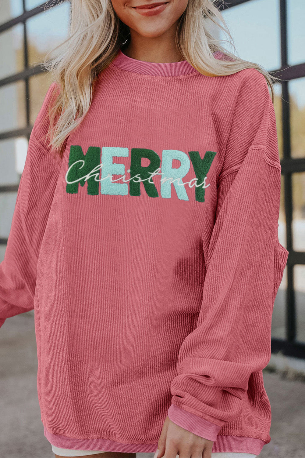 Strawberry Pink Chenille Letter MERRY Christmas Sweatshirt