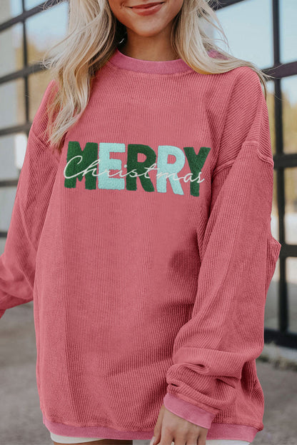 Strawberry Pink Chenille Letter MERRY Christmas Sweatshirt