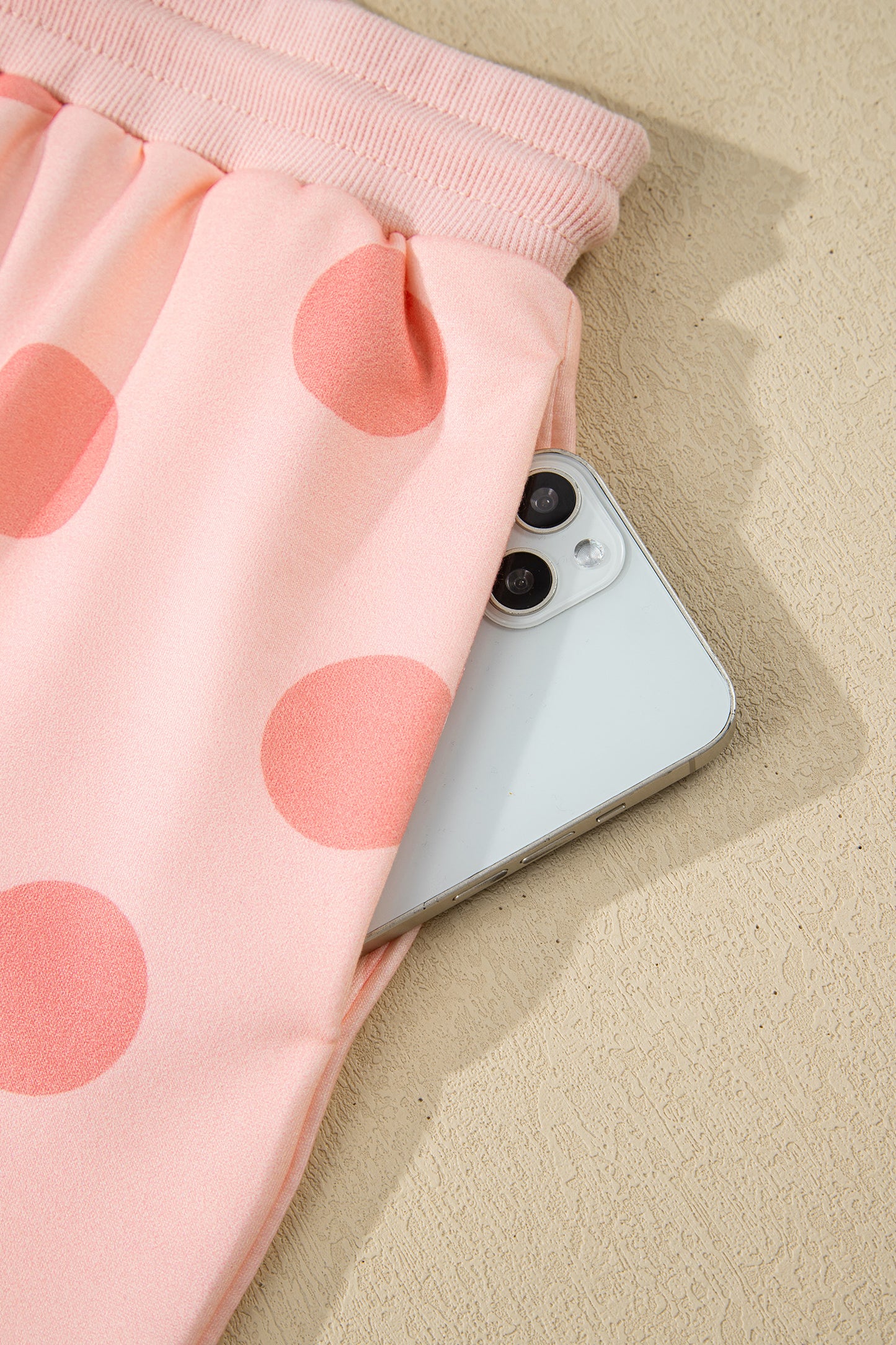 Pink Polka Dot Drop Shoulder Pullover Shorts Set