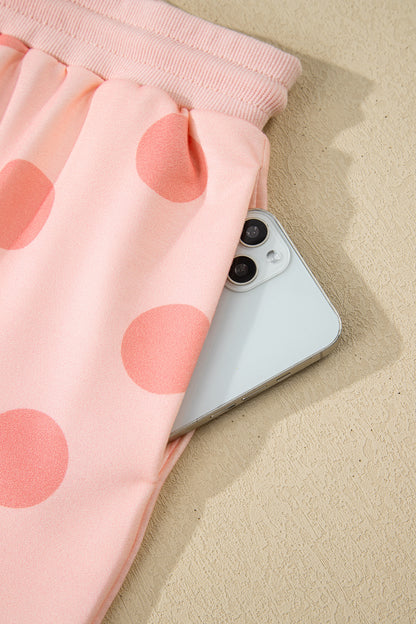Pink Polka Dot Drop Shoulder Pullover Shorts Set