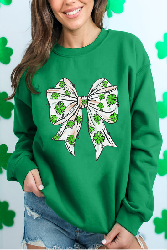 Dark Green Clover Bow St Patrick’s Drop Shoulder Sweatshirt