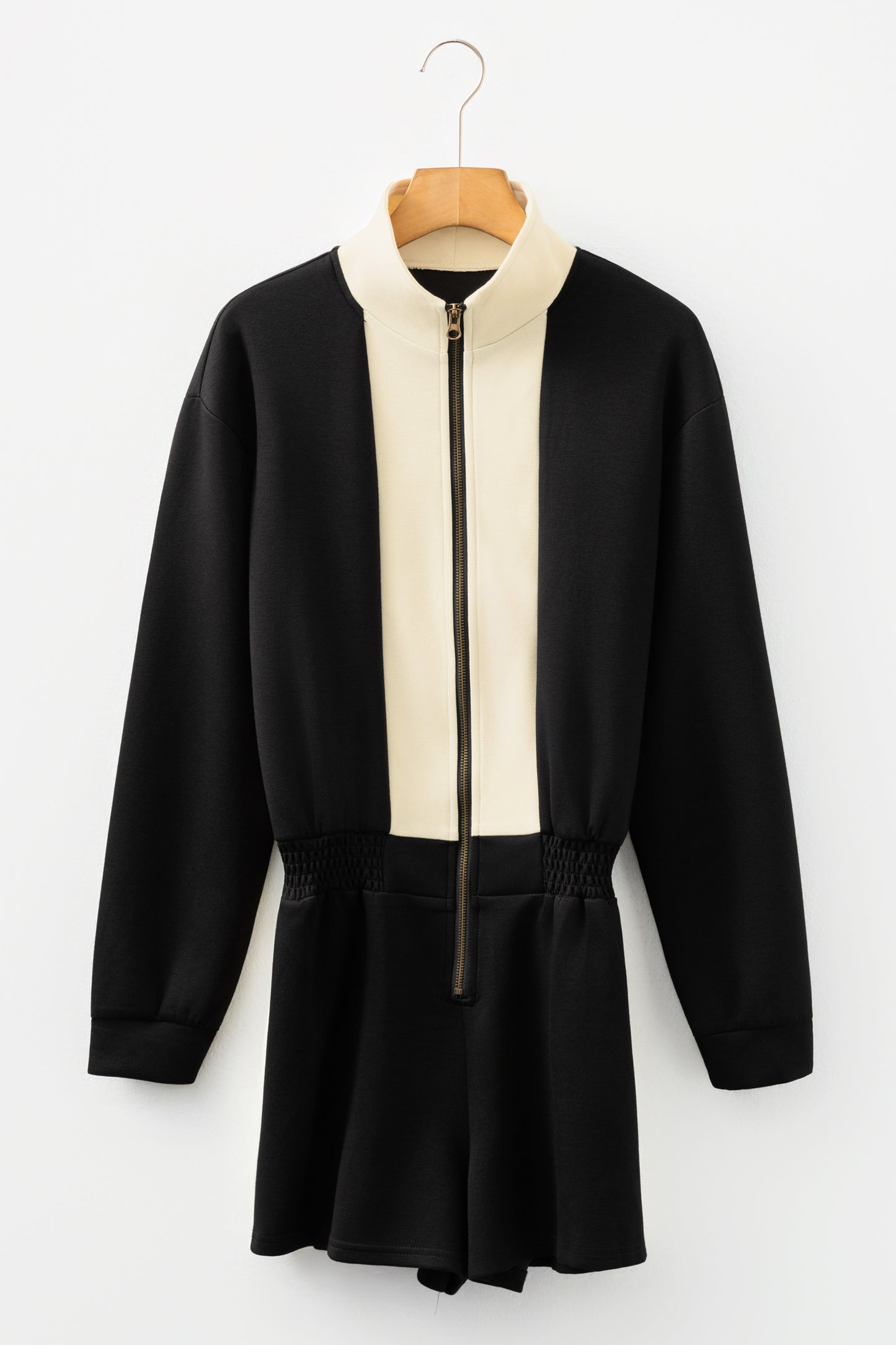 Black Two Tone Zip Front Long Sleeve Casual Romper