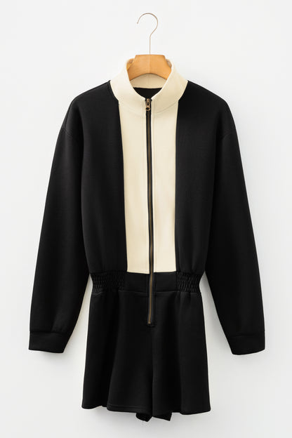 Black Two Tone Zip Front Long Sleeve Casual Romper