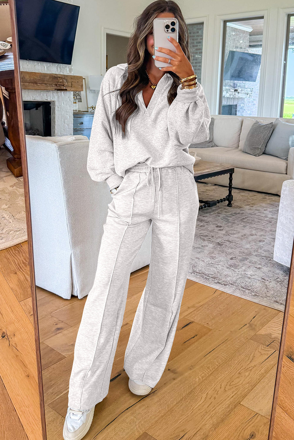 Light Grey Polo Collar Pullover & Drawstring Sweatpants Set