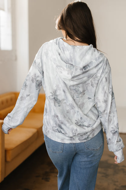 Gray Camo Leaf Print Quarter Zip Hoodie with Pocket