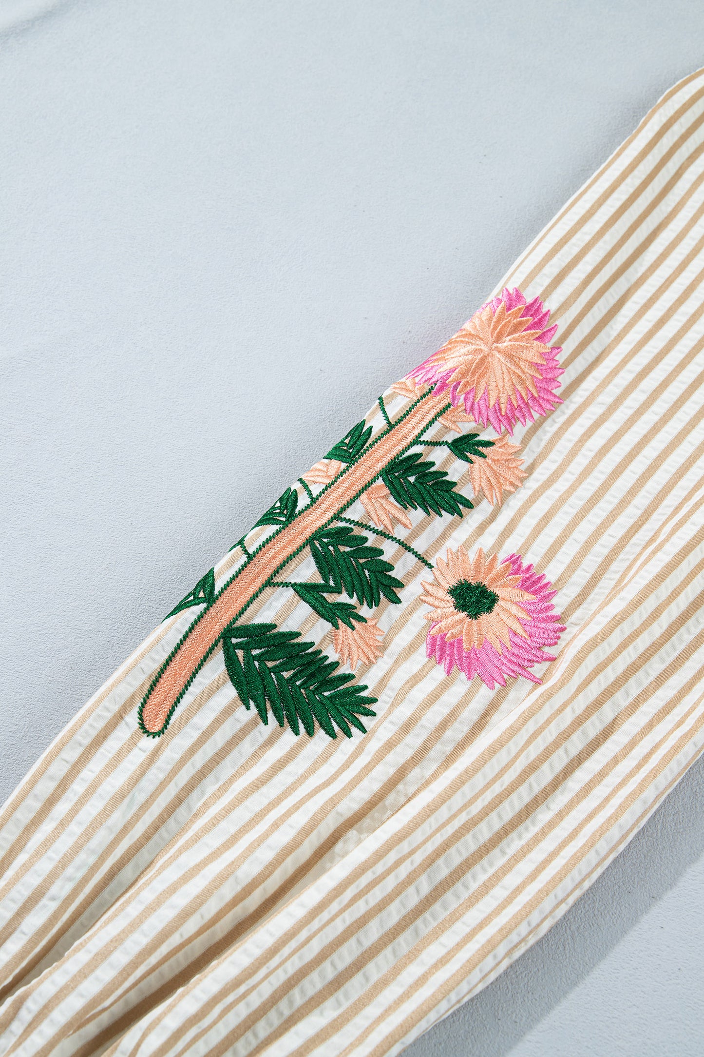 Stripe Floral Embroidered V Neck Blouse Women Long Sleeve