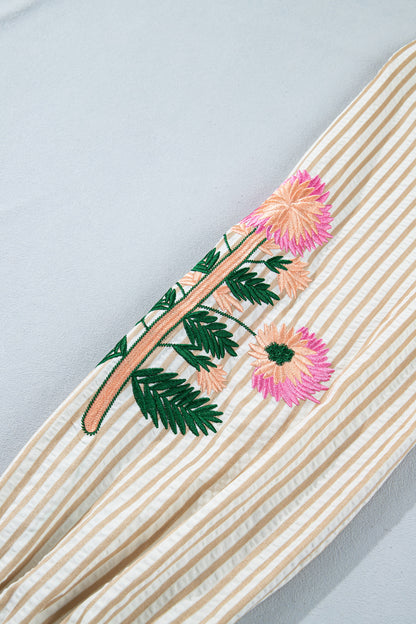 Stripe Floral Embroidered V Neck Blouse Women Long Sleeve