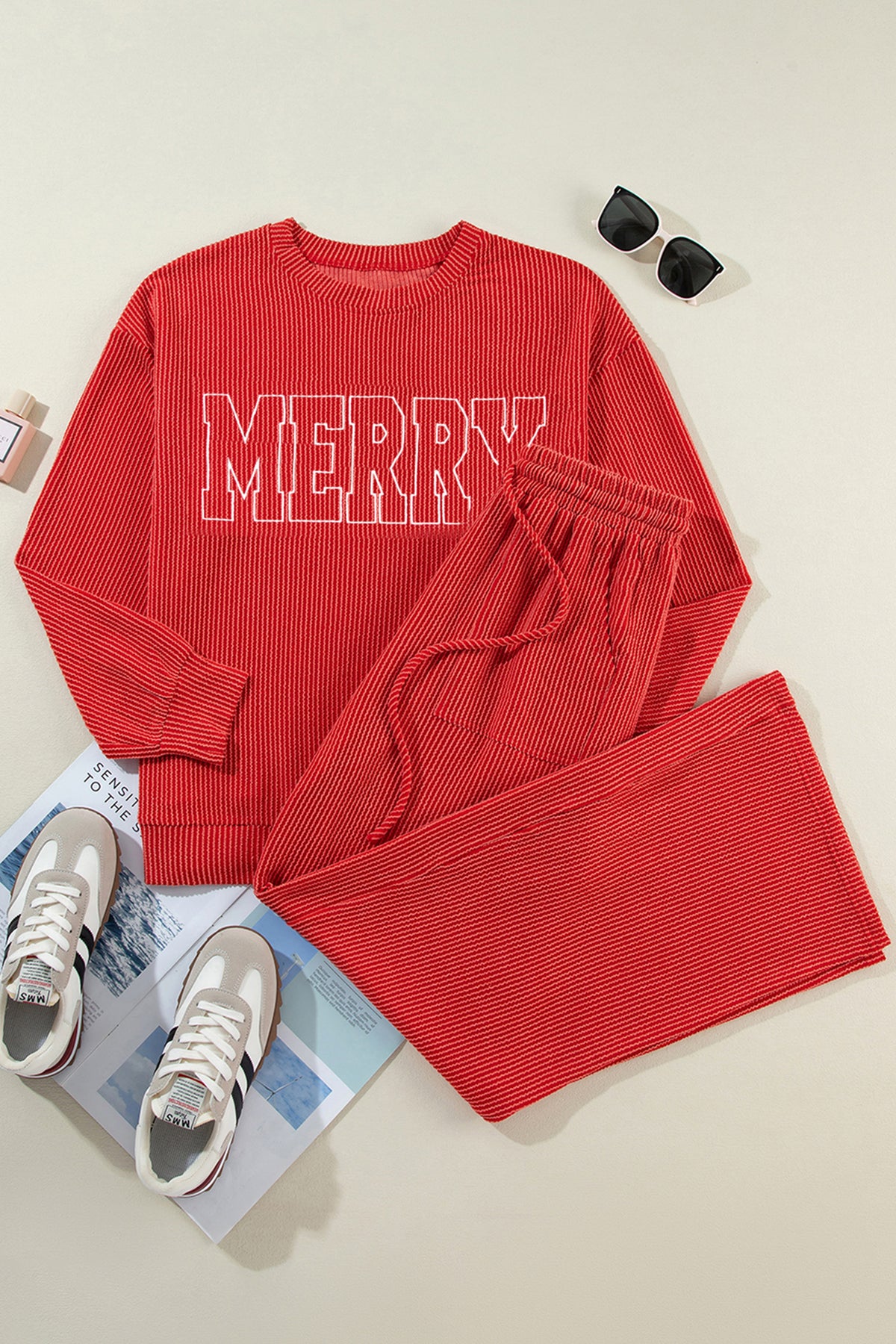 JOLLY Ribbed Knit Long Sleeve Top and Pants Set