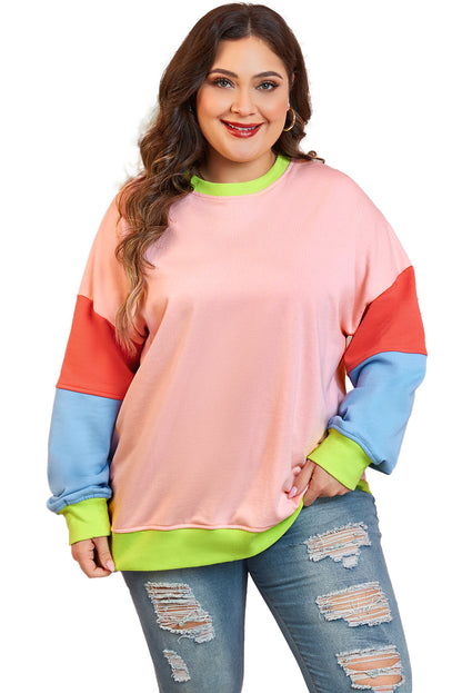 Light Pink Plus Size Colorblock Patchwork Crew Neck Sweatshirt