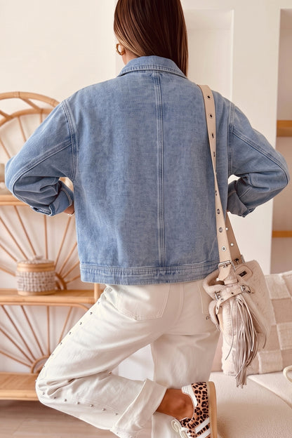 Pearl Studded Oversized Denim Zip Front Jacket