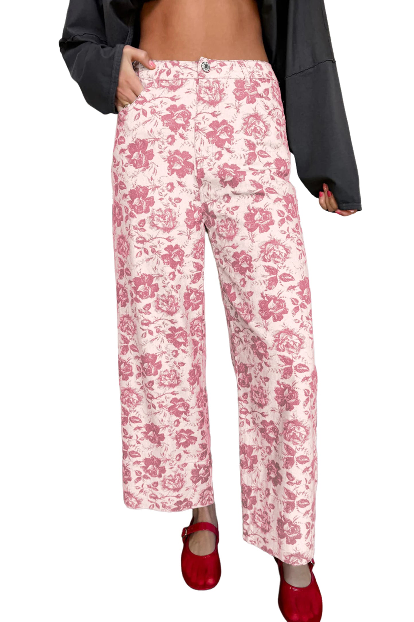 Pink Vintage Floral Print Wide Leg Denim Pants