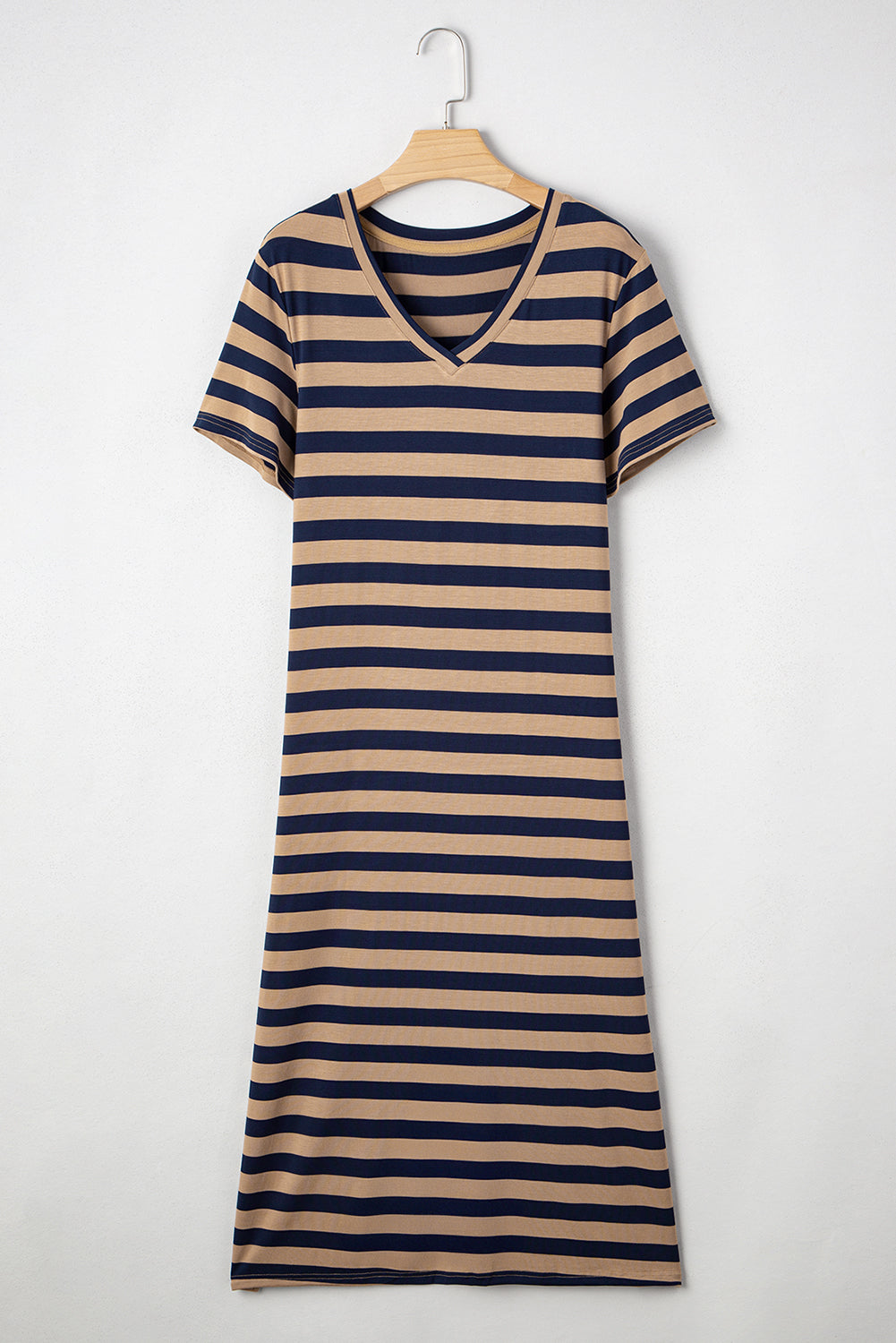 Black Stripe V Neck T Shirt Maxi Dress with Side Slit
