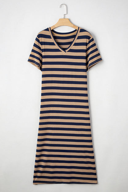 Black Stripe V Neck T Shirt Maxi Dress with Side Slit