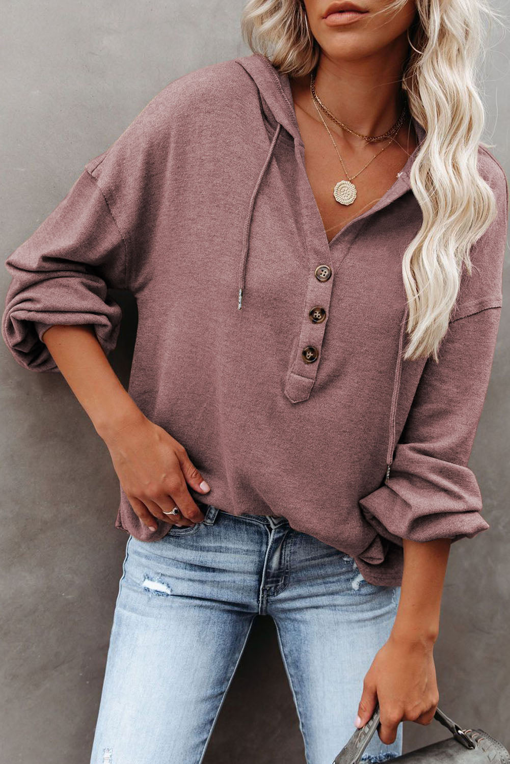 Buttoned High and Low Hem Hoodie