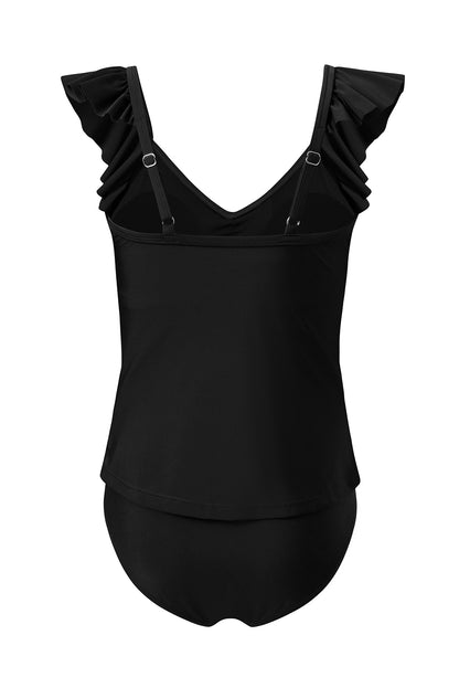 Black Ruffle Cross Front Cutout Slim Fit Tankini Set