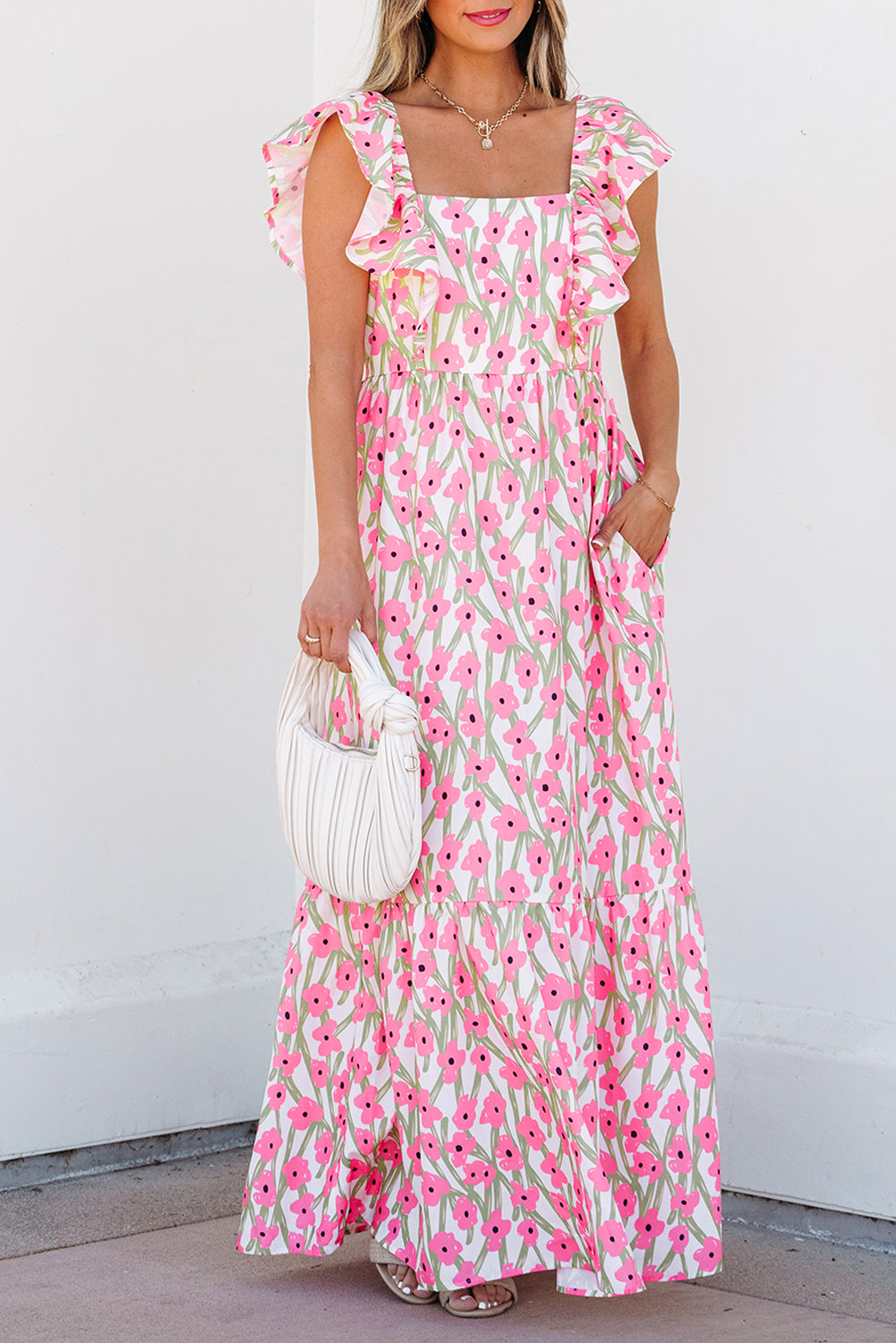 Pink Floral Square Neck Ruffle Sleeve Maxi Dress
