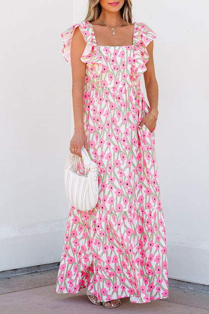 Pink Floral Square Neck Ruffle Sleeve Maxi Dress