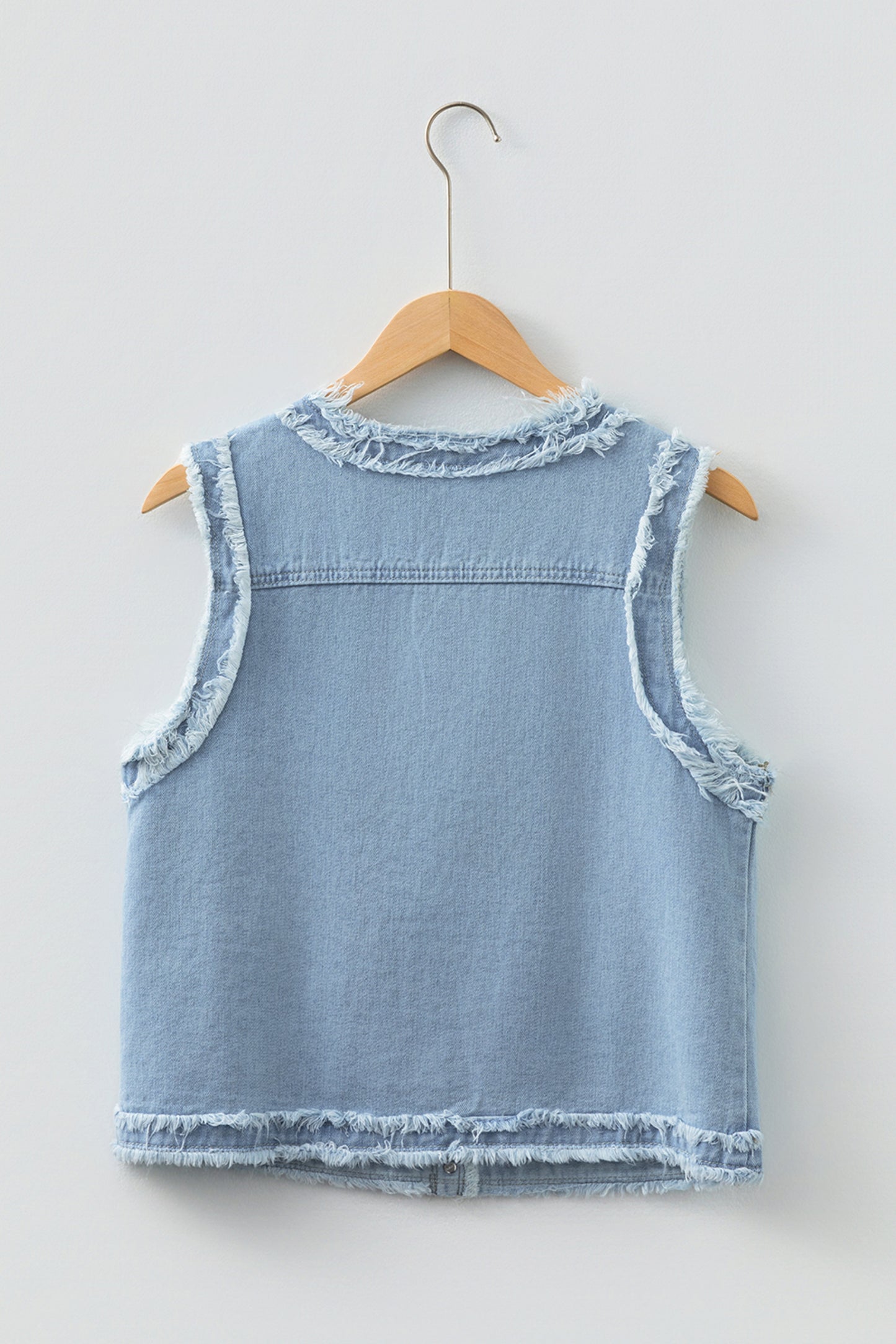 Light Wash Frayed Edge Flap Pocket Button Down Denim Vest