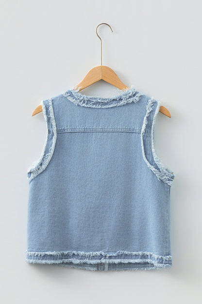 Light Wash Frayed Edge Flap Pocket Button Down Denim Vest