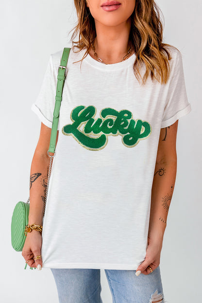 White Lucky Chenille Patch Graphic Tee for St Patrick