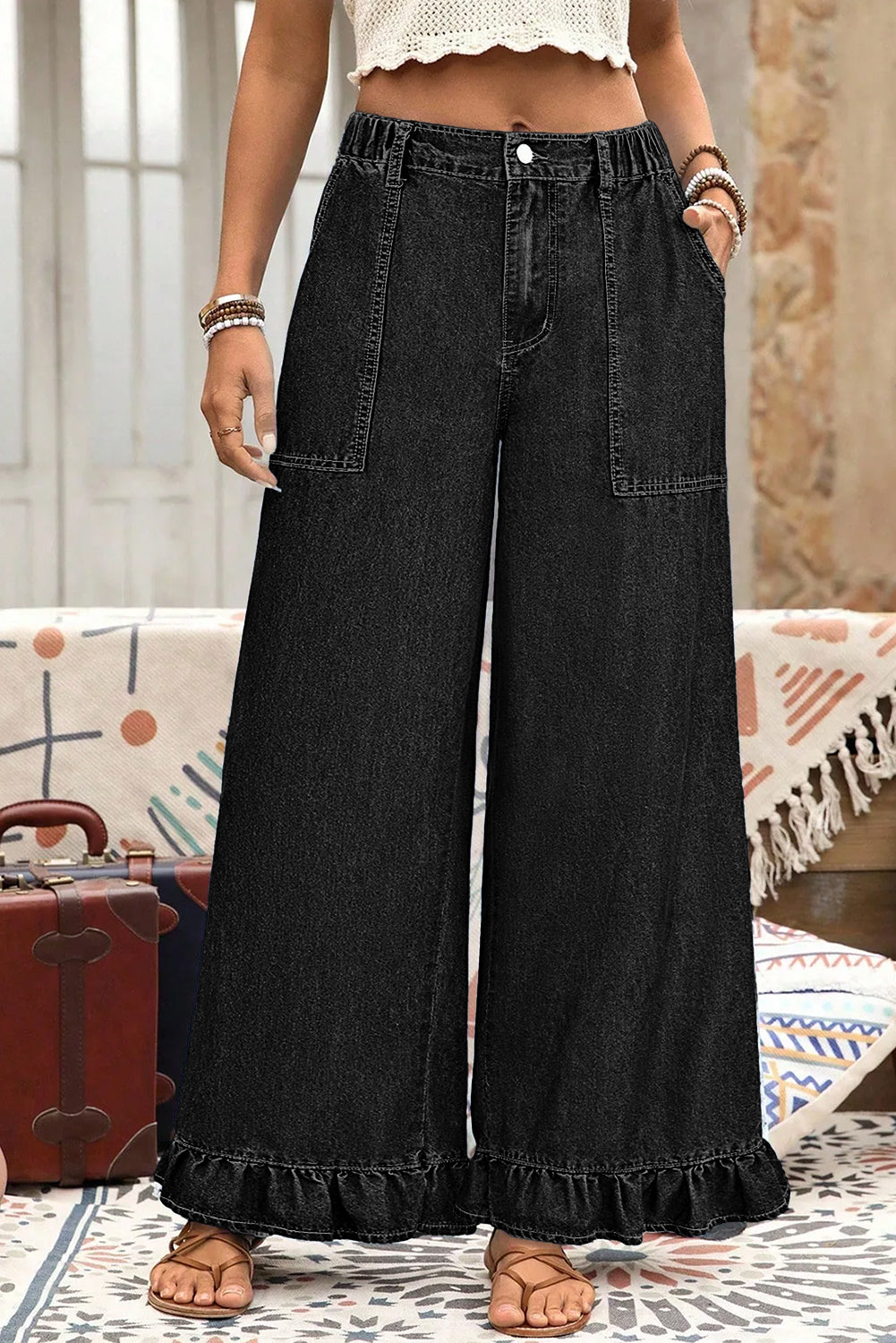 Sail Blue Plus Size Elastic Waist Ruffle Hem Jeans
