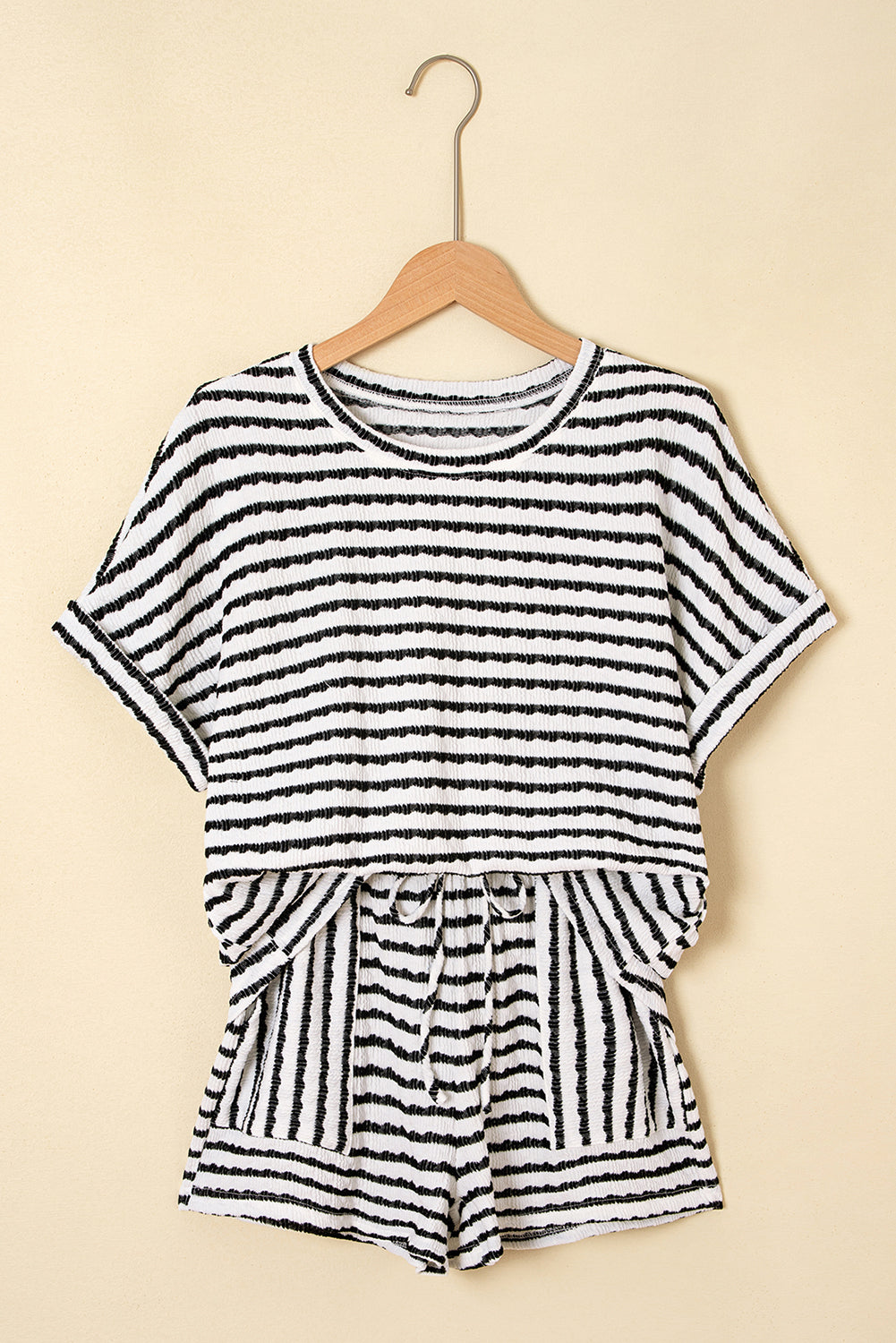 Pink Stripe Textured Knit Lounge Set Drawstring Shorts